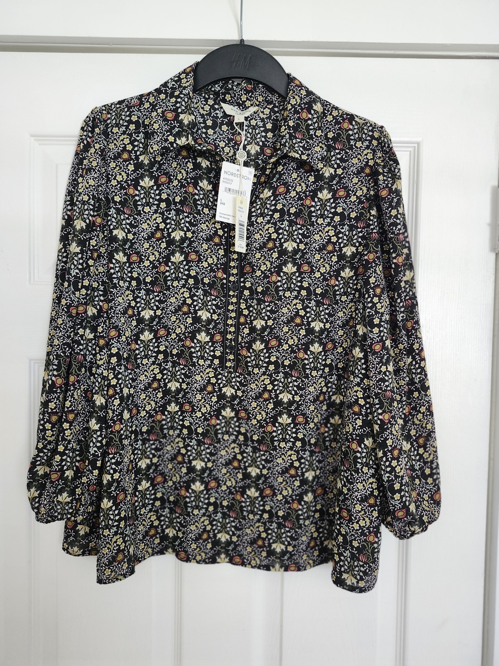 Nordstrom Black Floral Zip-Neck Blouse with Collared Neck